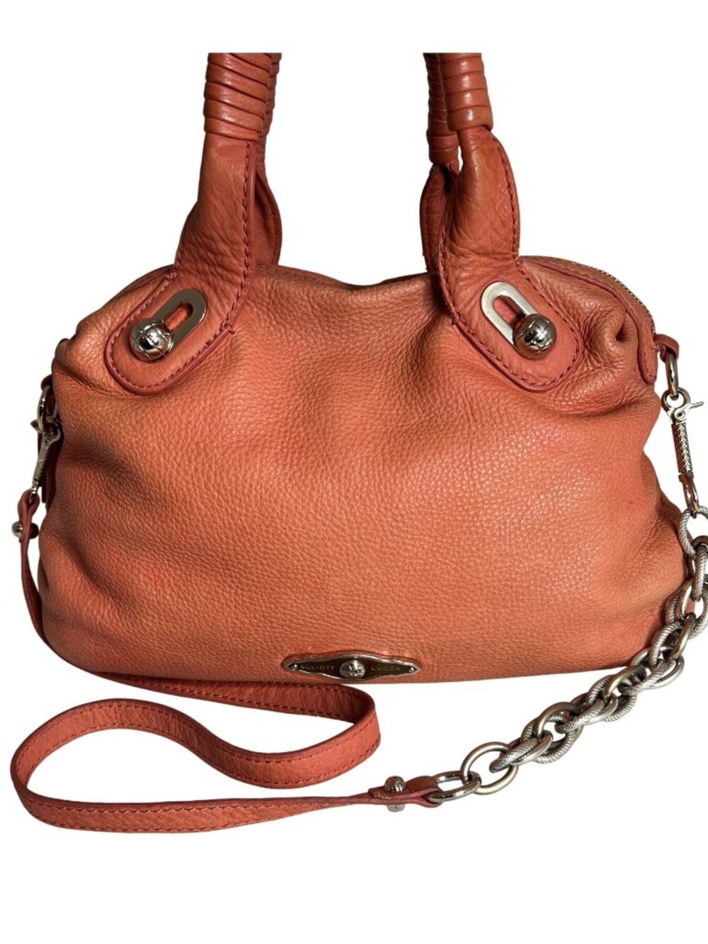 Elliott Lucca Studded Coral Leather Satchel With Chain Strap
